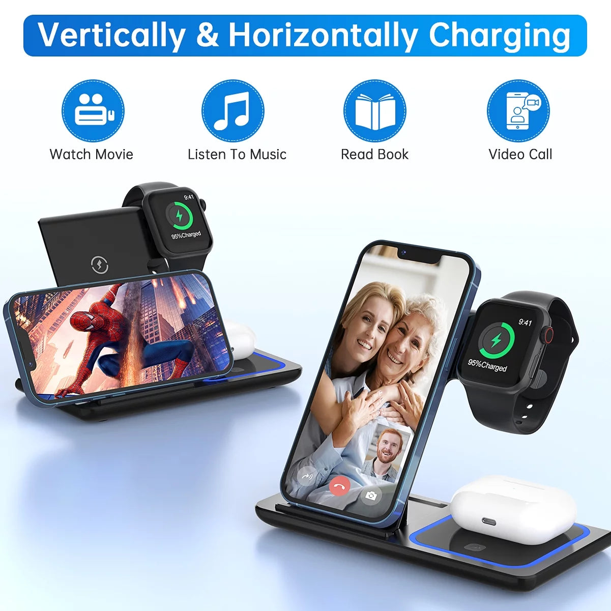 3-in-1 Wireless Charger Station - 18W Fast Charging for iPhone 16/15/14/13/12/11 Pro Max, Apple Watch SE/Series 10-3, AirPods Pro/3/2 (Includes QC3.0 Adapter)