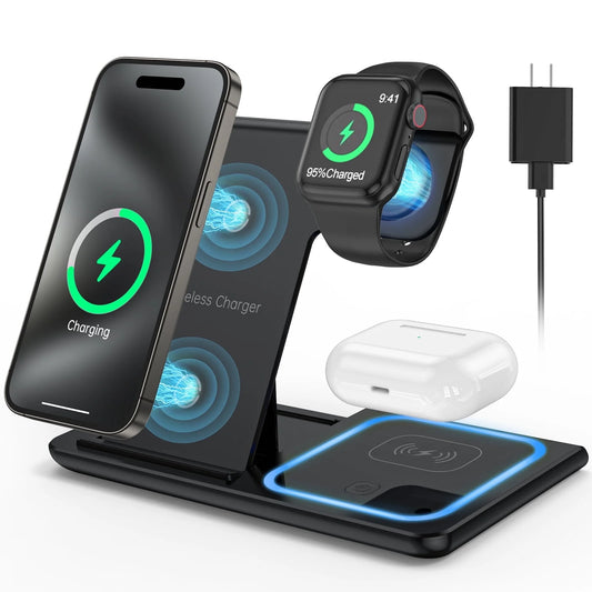 3-in-1 Wireless Charger Station - 18W Fast Charging for iPhone 16/15/14/13/12/11 Pro Max, Apple Watch SE/Series 10-3, AirPods Pro/3/2 (Includes QC3.0 Adapter)