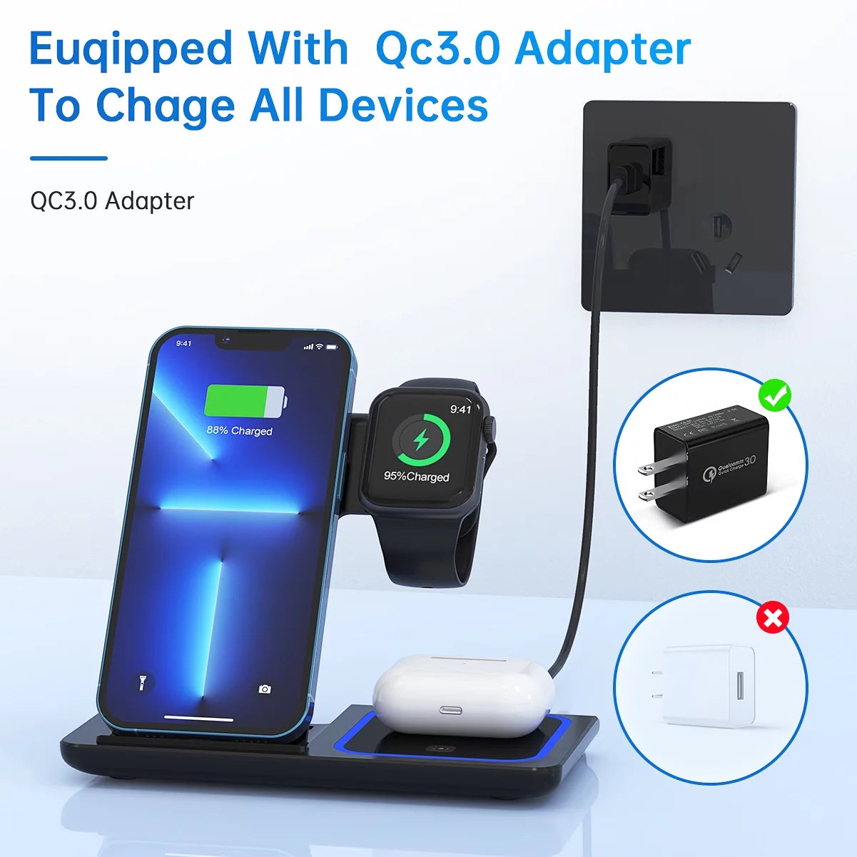 3-in-1 Wireless Charger Station - 18W Fast Charging for iPhone 16/15/14/13/12/11 Pro Max, Apple Watch SE/Series 10-3, AirPods Pro/3/2 (Includes QC3.0 Adapter)