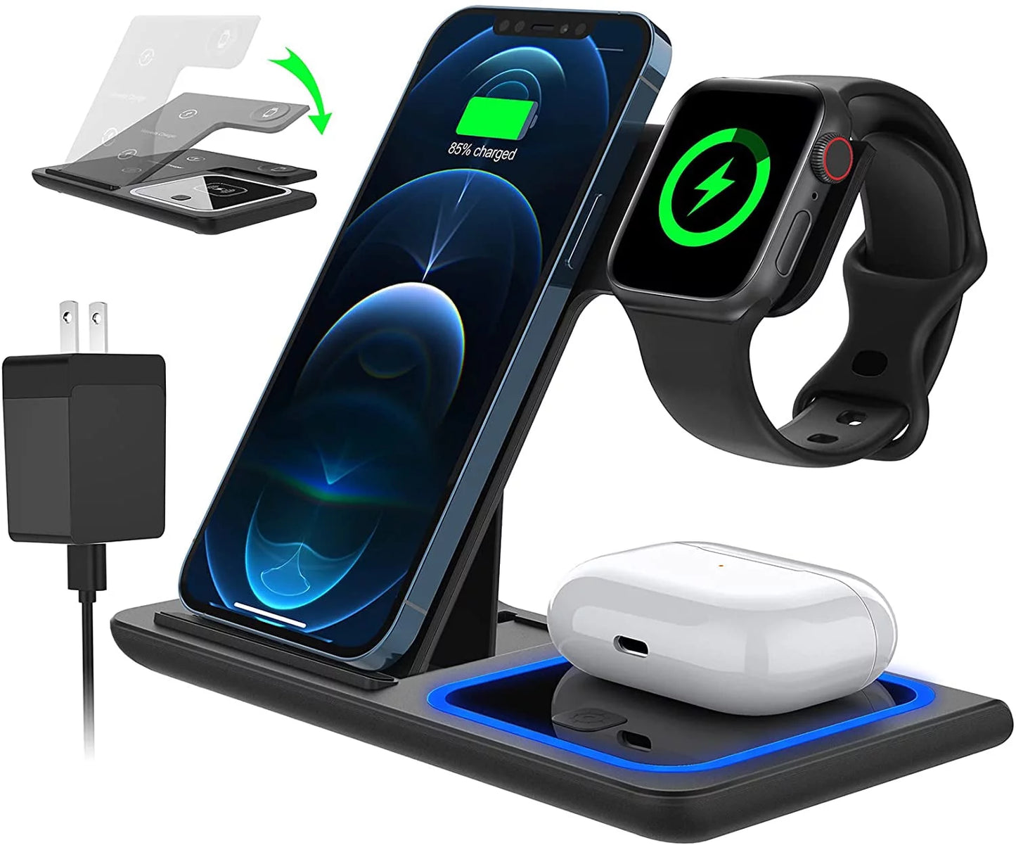 3-in-1 Wireless Charger Station - 18W Fast Charging for iPhone 16/15/14/13/12/11 Pro Max, Apple Watch SE/Series 10-3, AirPods Pro/3/2 (Includes QC3.0 Adapter)